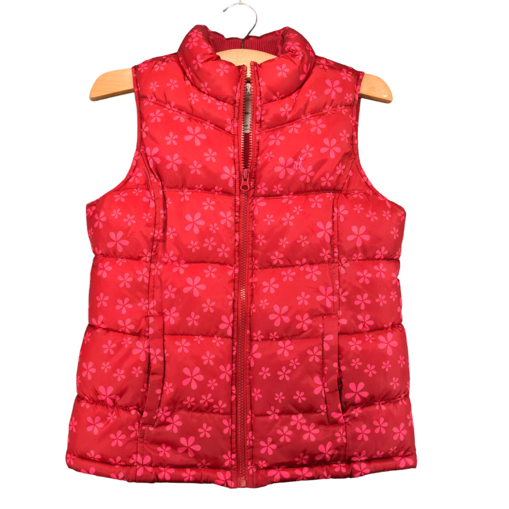 Old Navy Girls Full Zip Floral Puffer Vest Red Size XL Fleece Lined Mock Neck